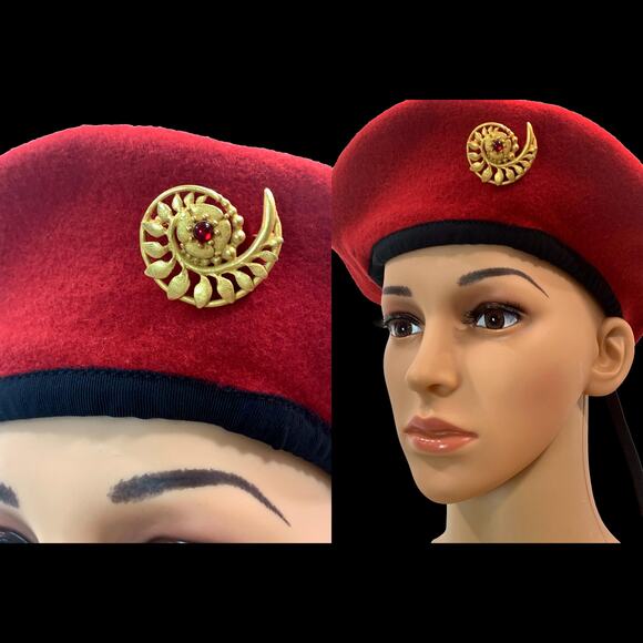 80s Matte Gold Shell Brooch w Red Cabochon Glass Stone | 1.5" x 1 1/8" - Picture 7 of 9